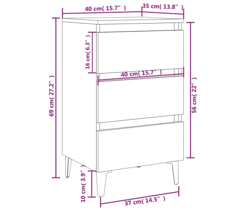 Mesitas de noche 2 uds con patas metal gris Sonoma 40x35x69 cm