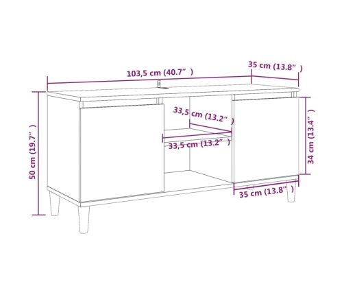 Mesita de noche patas madera maciza gris Sonoma 103,5x35x50 cm