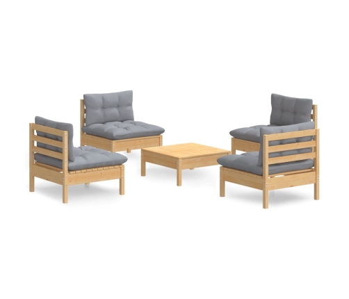 Juego de muebles de jardín 5 pzas y cojines madera pino gris