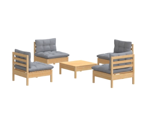 Juego de muebles de jardín 5 pzas y cojines madera pino gris