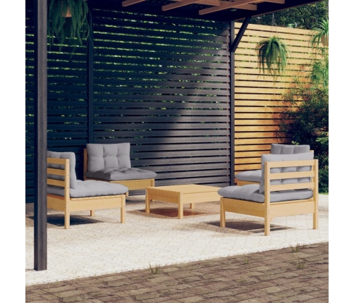 Juego de muebles de jardín 5 pzas y cojines madera pino gris