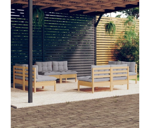 Juego de muebles de jardín 8 pzas y cojines madera pino gris