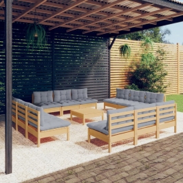 Juego de muebles de jardín 13 pzas y cojines madera pino gris
