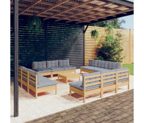 Juego de muebles de jardín 13 pzas y cojines madera pino gris