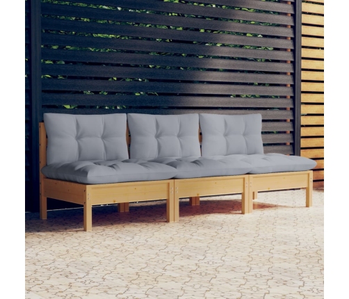Sofá de jardín de 3 plazas con cojines madera maciza pino gris
