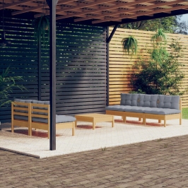 Juego de muebles de jardín 6 pzas y cojines madera pino gris