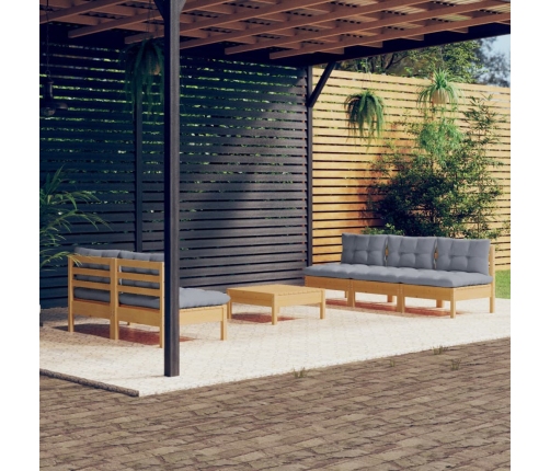 Juego de muebles de jardín 6 pzas y cojines madera pino gris