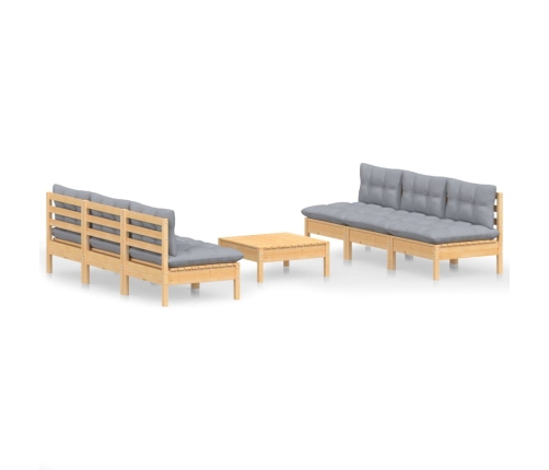 Juego de muebles de jardín 7 pzas y cojines madera pino gris