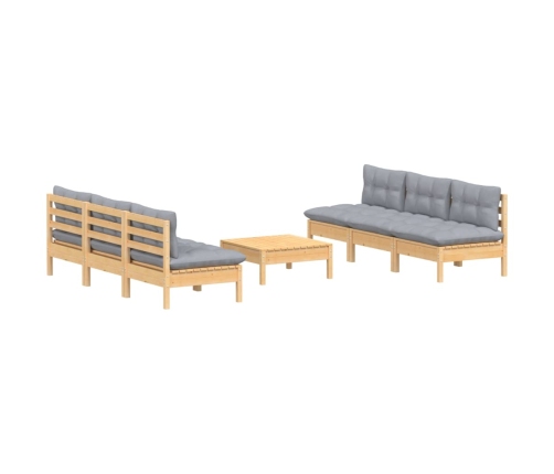 Juego de muebles de jardín 7 pzas y cojines madera pino gris