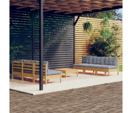Juego de muebles de jardín 7 pzas y cojines madera pino gris