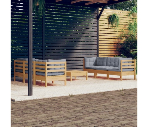 Juego de muebles de jardín 7 pzas y cojines madera de pino gris