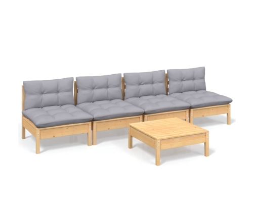 Juego de muebles de jardín 5 pzas y cojines madera pino gris