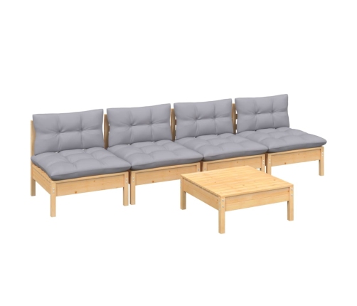 Juego de muebles de jardín 5 pzas y cojines madera pino gris