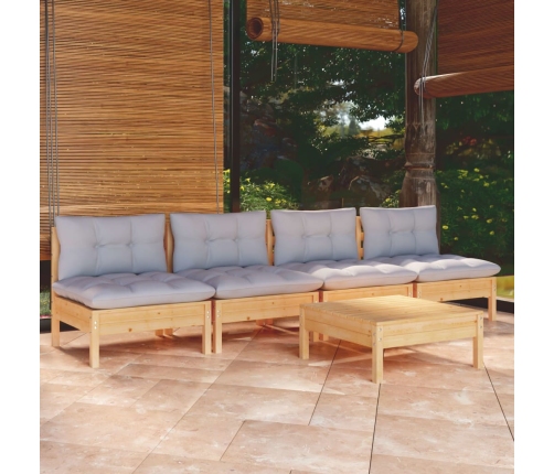 Juego de muebles de jardín 5 pzas y cojines madera pino gris