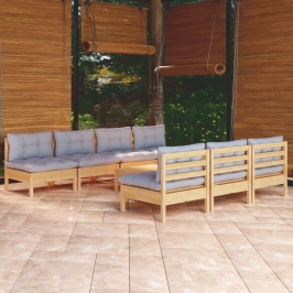 Juego de muebles de jardín 8 pzas y cojines madera pino gris