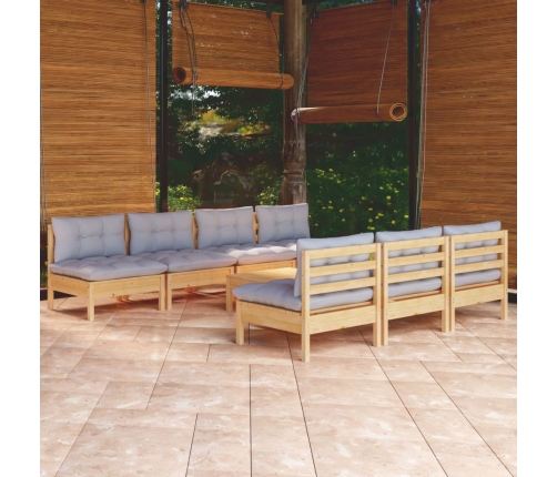 Juego de muebles de jardín 8 pzas y cojines madera pino gris