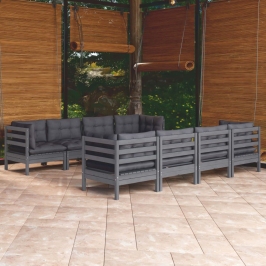 Juego de muebles de jardín 9 pzas y cojines madera maciza pino