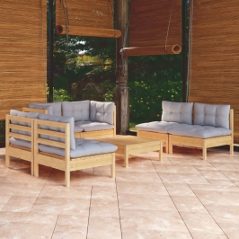 Juego de muebles de jardín 7 pzas y cojines madera maciza pino
