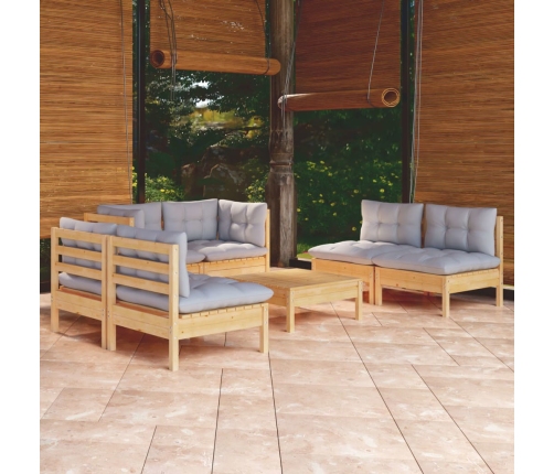 Juego de muebles de jardín 7 pzas y cojines madera maciza pino