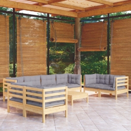 Juego de muebles de jardín 9 pzas y cojines madera maciza pino