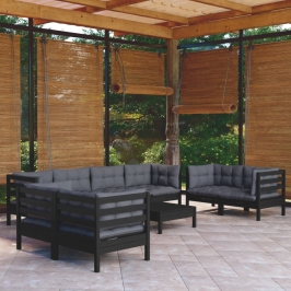 Juego de muebles de jardín 9 pzas y cojines madera maciza pino