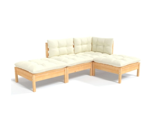 Muebles de jardín 4 pzas y cojines madera maciza de pino crema