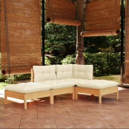 Muebles de jardín 4 pzas y cojines madera maciza de pino crema