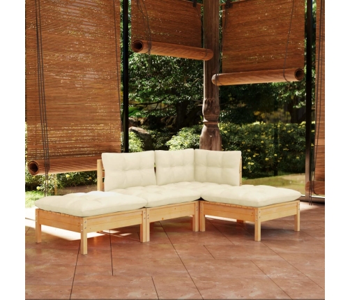 Muebles de jardín 4 pzas y cojines madera maciza de pino crema