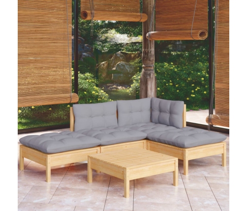 Juego de muebles de jardín 5 pzas y cojines madera pino gris