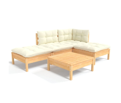 Muebles de jardín 5 piezas cojines madera de pino crema