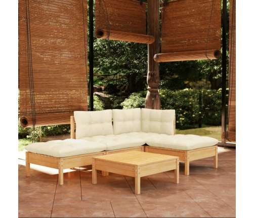 Muebles de jardín 5 piezas cojines madera de pino crema