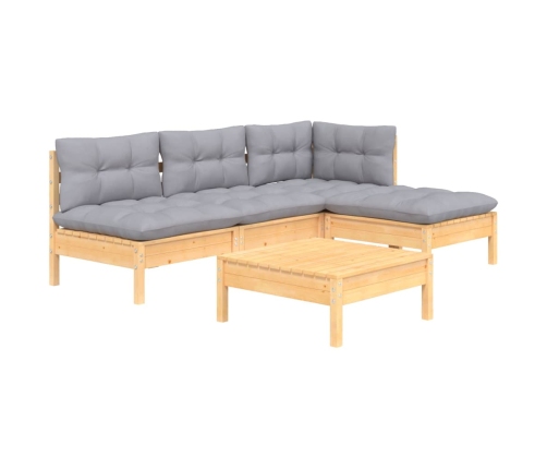 Juego de muebles de jardín 5 pzas y cojines madera pino gris