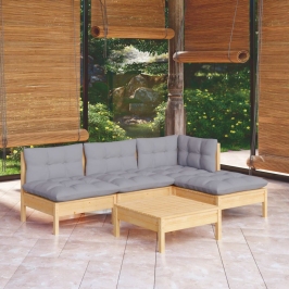 Juego de muebles de jardín 5 pzas y cojines madera pino gris