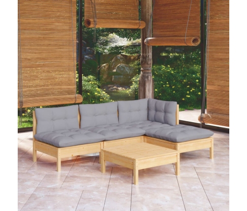 Juego de muebles de jardín 5 pzas y cojines madera pino gris