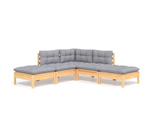 Juego de muebles de jardín 5 pzas y cojines madera pino gris