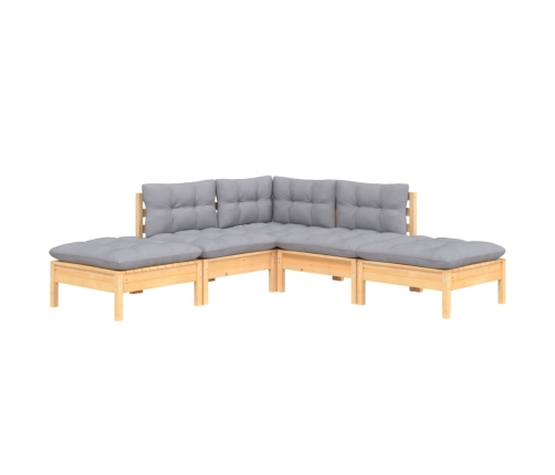 Juego de muebles de jardín 5 pzas y cojines madera pino gris