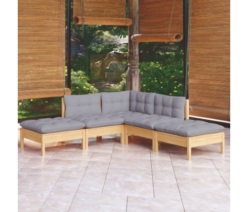 Juego de muebles de jardín 5 pzas y cojines madera pino gris