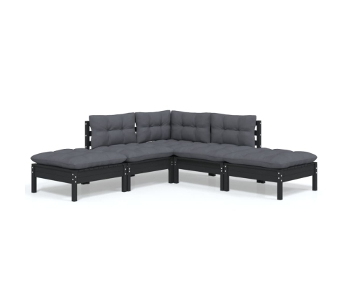 Muebles de jardín 5 pzas con cojines negro madera de pino