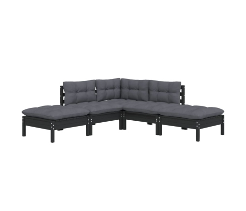 Muebles de jardín 5 pzas con cojines negro madera de pino