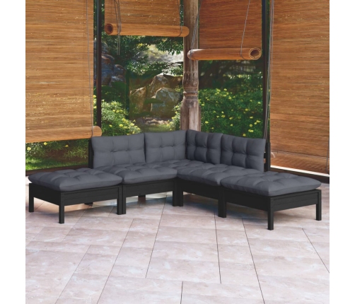Muebles de jardín 5 pzas con cojines negro madera de pino