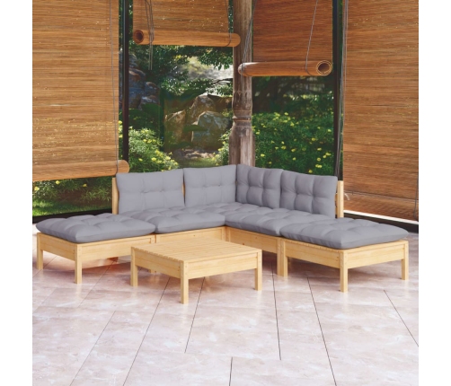 Juego de muebles de jardín 6 pzas y cojines madera pino gris
