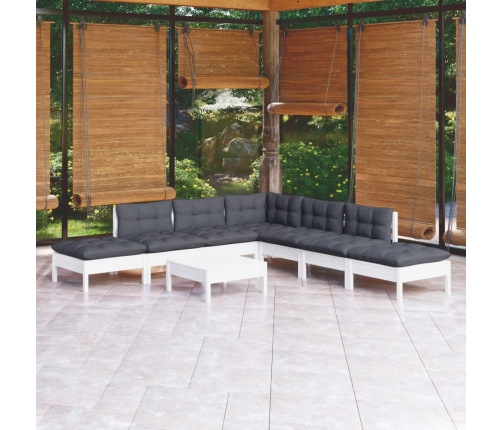 Muebles de jardín 8 pzas con cojines blanco madera de pino
