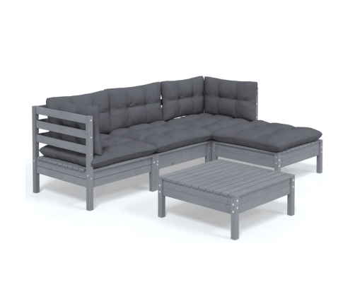 Juego de muebles de jardín 5 pzas y cojines madera pino gris
