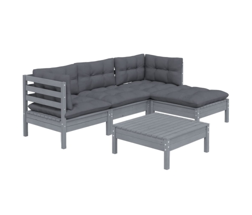 Juego de muebles de jardín 5 pzas y cojines madera pino gris