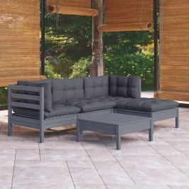 Juego de muebles de jardín 5 pzas y cojines madera pino gris