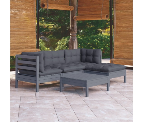 Juego de muebles de jardín 5 pzas y cojines madera pino gris