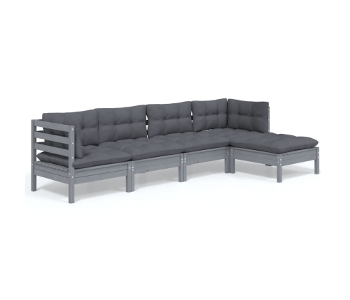 Juego de muebles de jardín 5 pzas y cojines madera pino gris