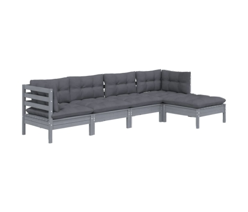 Juego de muebles de jardín 5 pzas y cojines madera pino gris