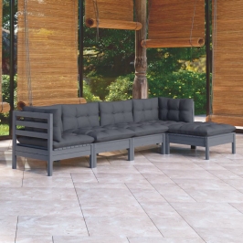 Juego de muebles de jardín 5 pzas y cojines madera pino gris