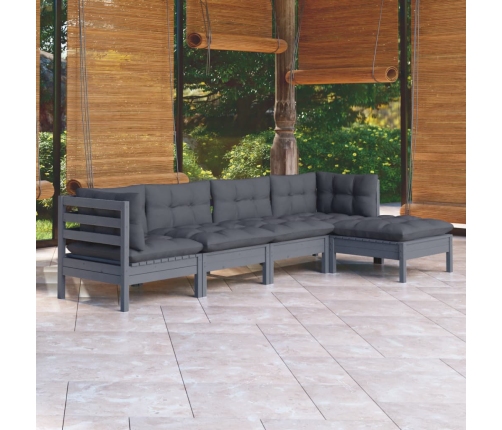 Juego de muebles de jardín 5 pzas y cojines madera pino gris